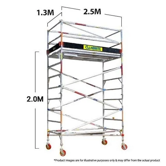 Adjustable scaffolding with four wheels, height of 2 meters, width of 2.5 meters, and depth of 1.3 meters, featuring orange and blue accents and a yellow CLIMBITE logo on the top platform.
