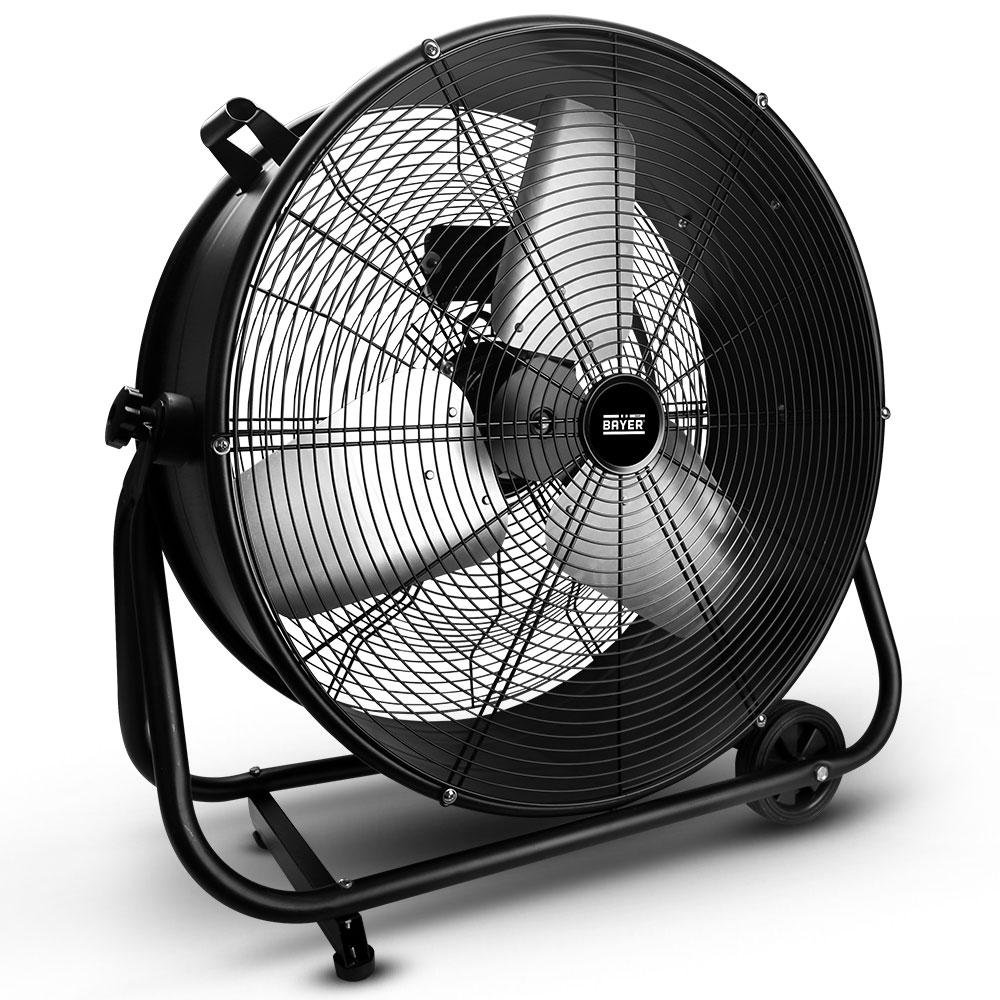 A large black industrial fan with protective grill, side handle, and small wheels at the base.