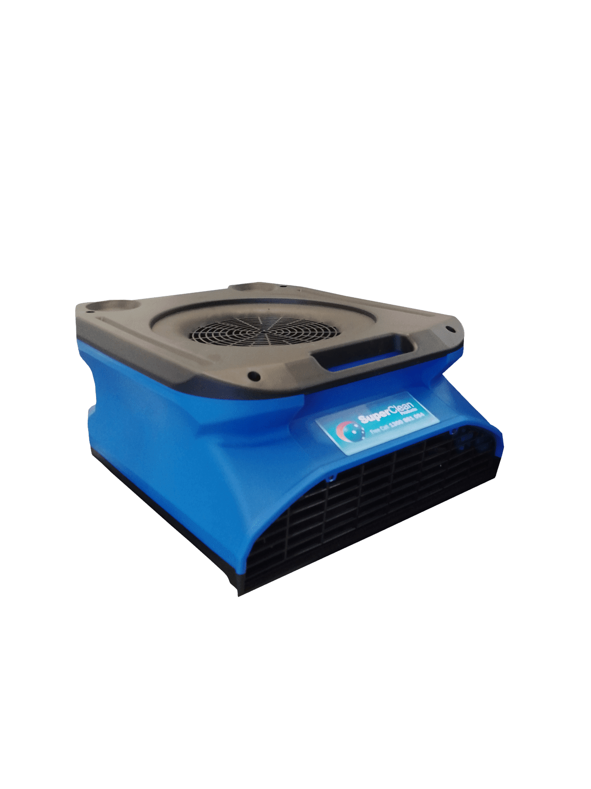Blue portable air cooler with black top and grill, labeled SuperCool.