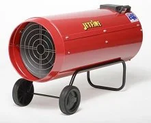 Red portable space heater with black wheels and handle
