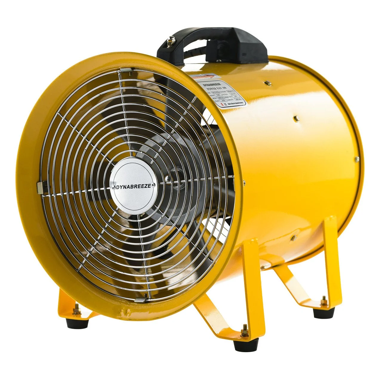 Yellow industrial blower with a metal safety grill and a black handle on top.