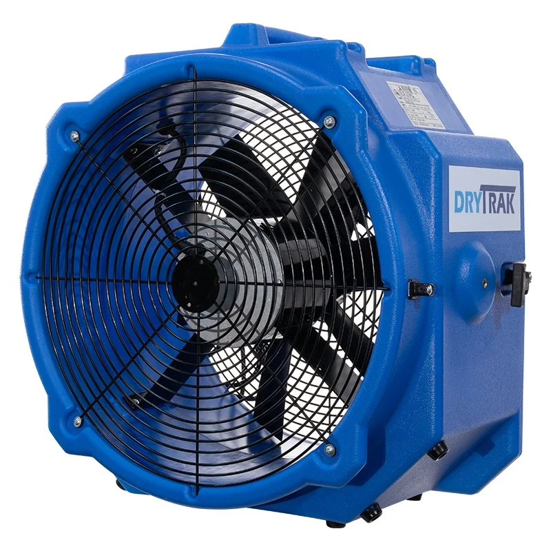 A blue industrial air mover with a black fan and protective grill, branded DryTrak.