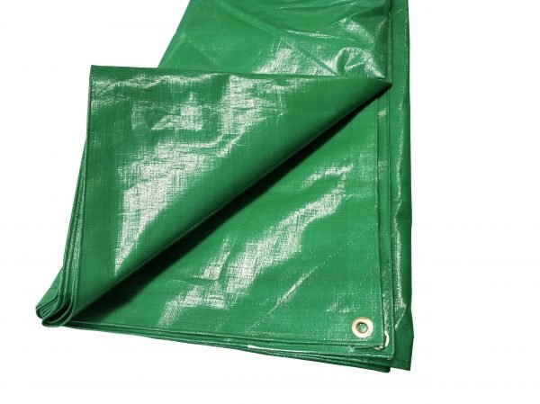 Green heavy-duty tarp with grommet, partially folded.