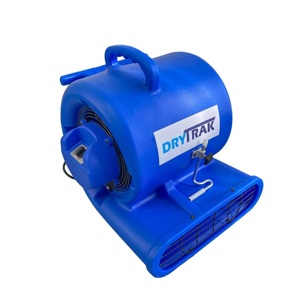 Blue DryTrak drying machine with a handle and adjustable metal pipe on a white background.