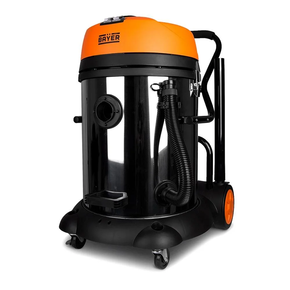 A black and orange industrial vacuum cleaner with wheels and a hose, branded Bayer.