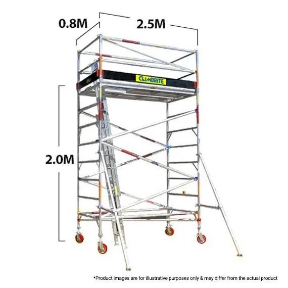 Scaffolding tower with dimensions of 0.8 meters width, 2.5 meters length, and 2 meters height, equipped with wheels and safety features.