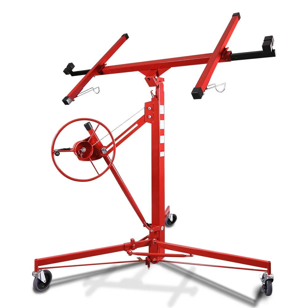 A red wheel lift with a roller and adjustable arms on a wheeled stand.