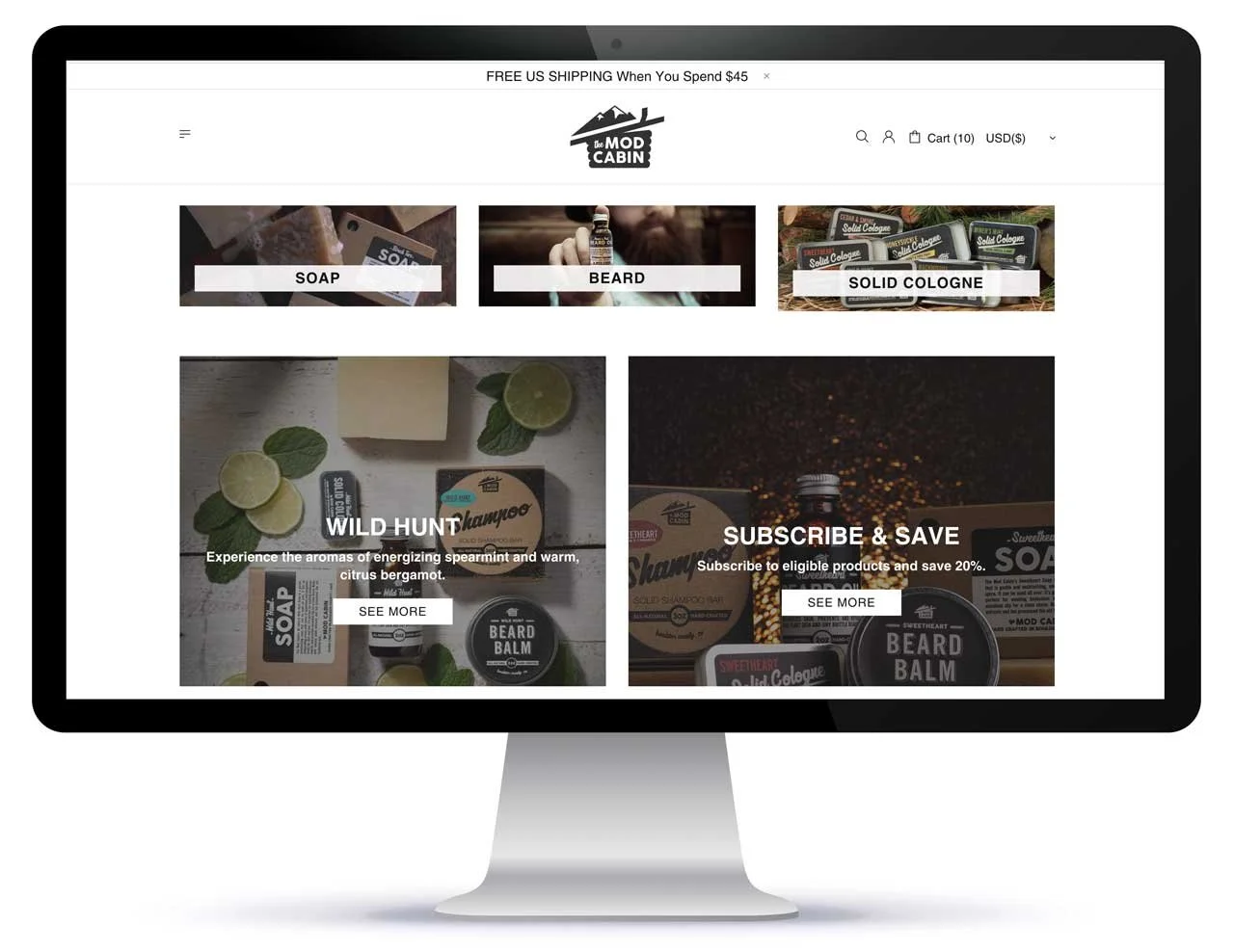 Homepage promo boxes showing scent collections and a subscription service.