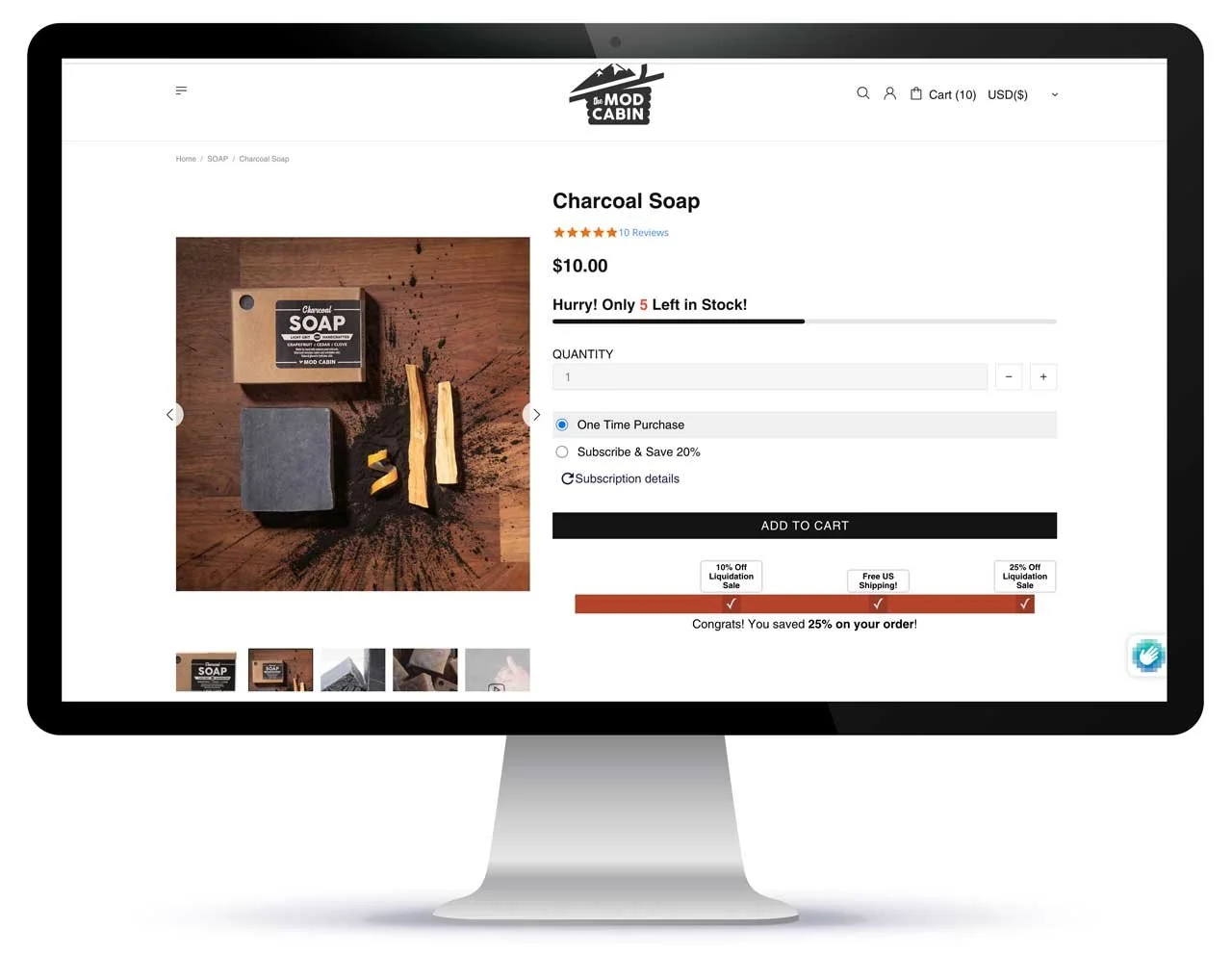 Product page with striking product photography and promotional bar showing rewards availalbe and earned.