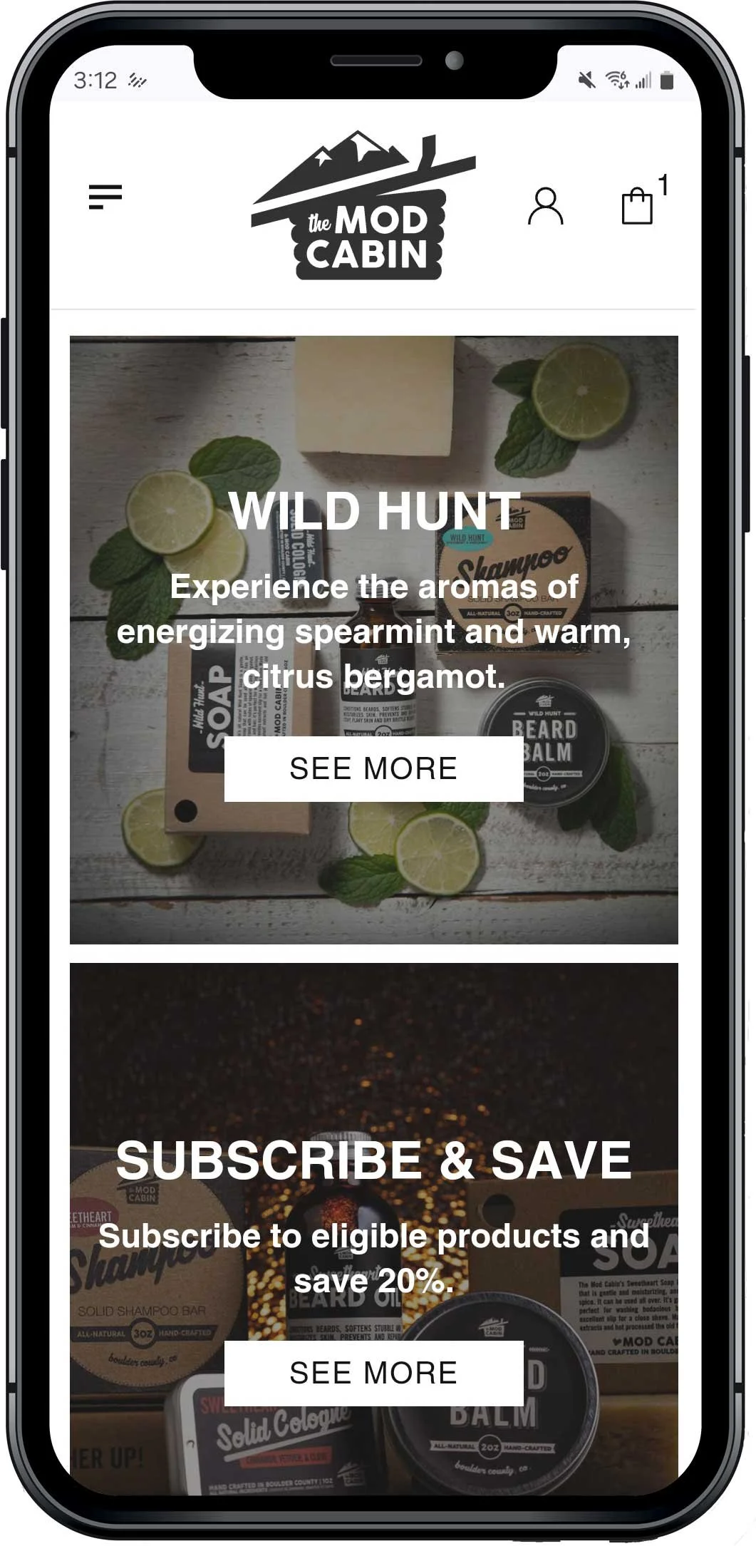 Mobile homepage with promo boxes