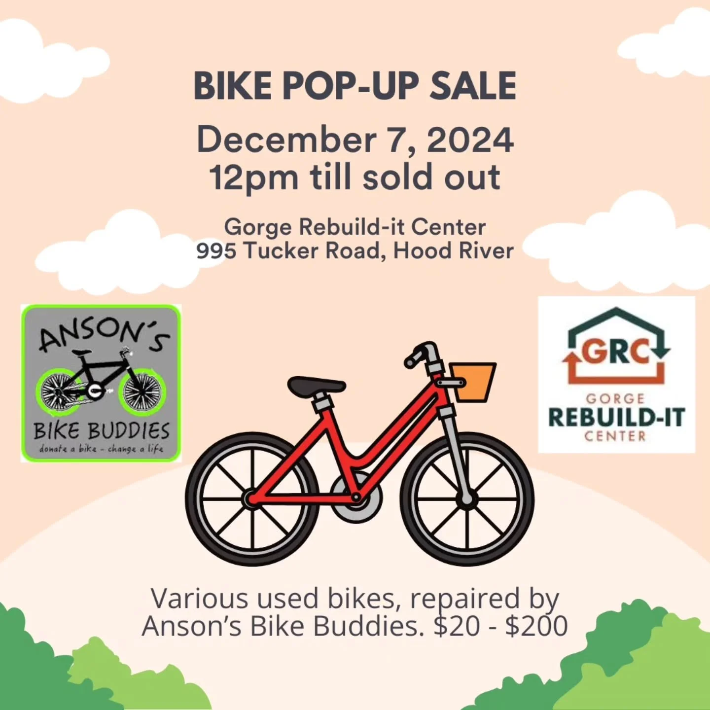 Hey there good people. We are loaded up on finished bikes, mostly adult sizes, and we need to make room for next spring. We are going to bring bikes to the fabulous Gorge Rebuildit Center on Saturday, December 7th and let them all go for whatever you