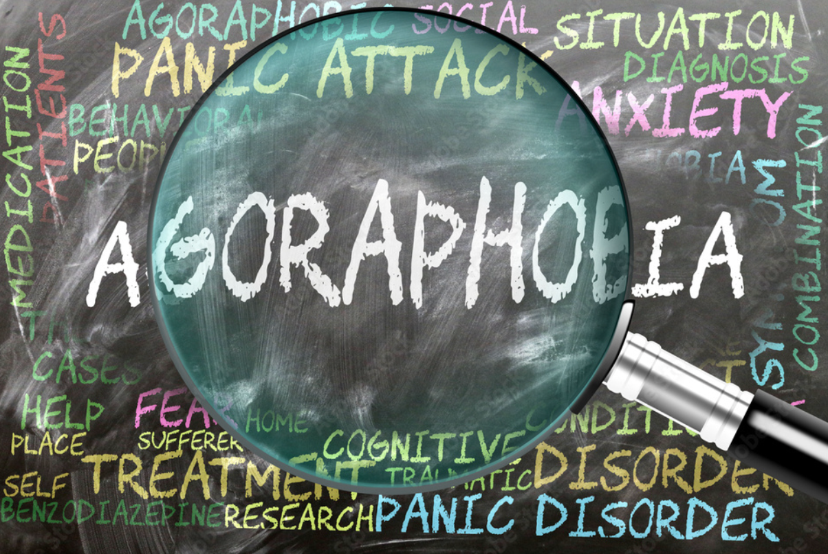 Word cloud about agoraphobia with a magnifying glass highlighting the word 'AGORAPHOBIA' on a chalkboard background.