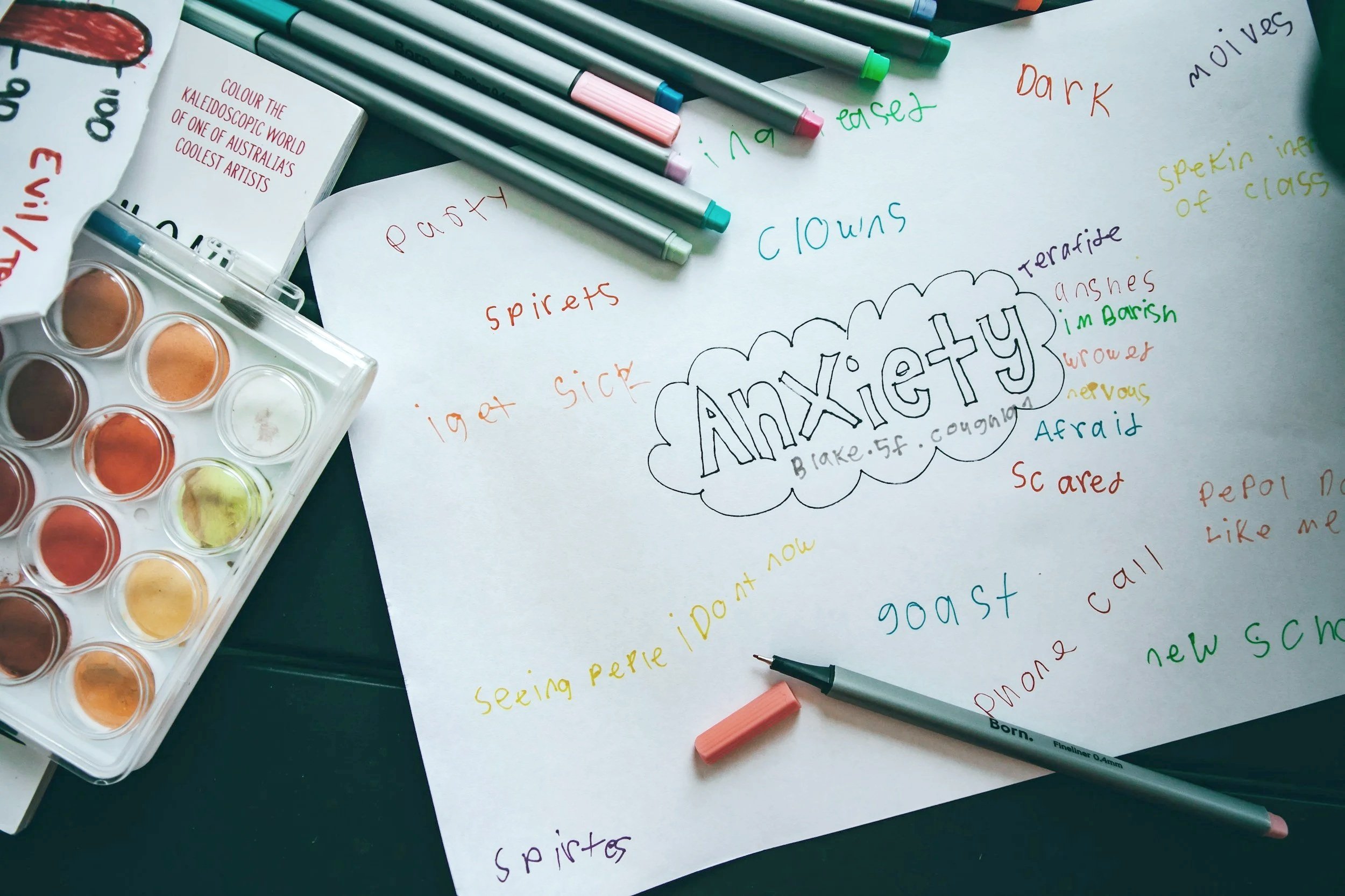 A sheet of paper with the word 'Anxiety' written in large letters in the center, surrounded by various colorful words related to emotions and feelings. Several colored markers are placed on or near the paper, and a watercolor paint palette is visible on the left side of the image.
