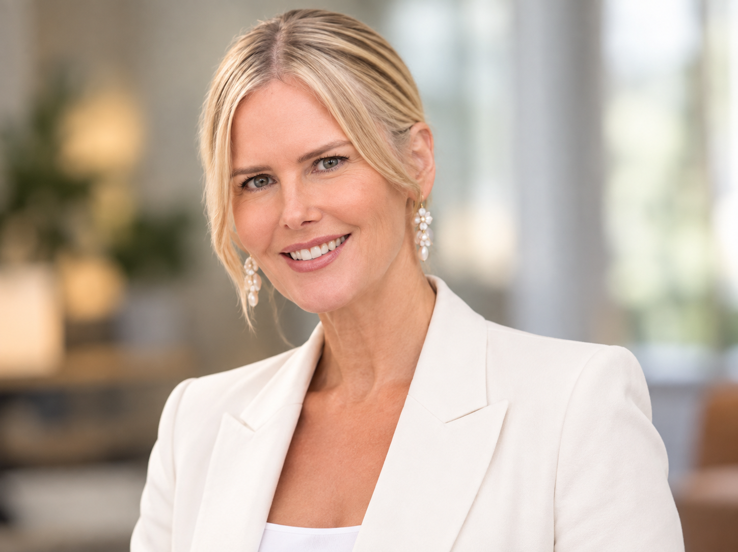 A woman with blonde hair and a black turtleneck smiling in an office setting.