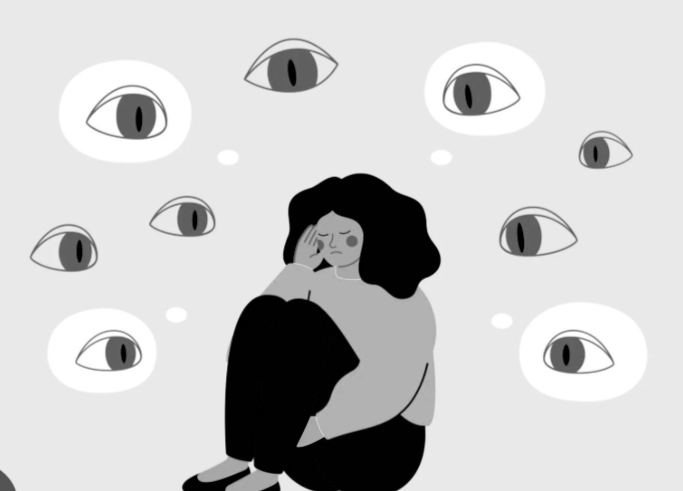 A woman sitting with her legs pulled to her chest, holding her head with a distressed expression, surrounded by floating eyes.