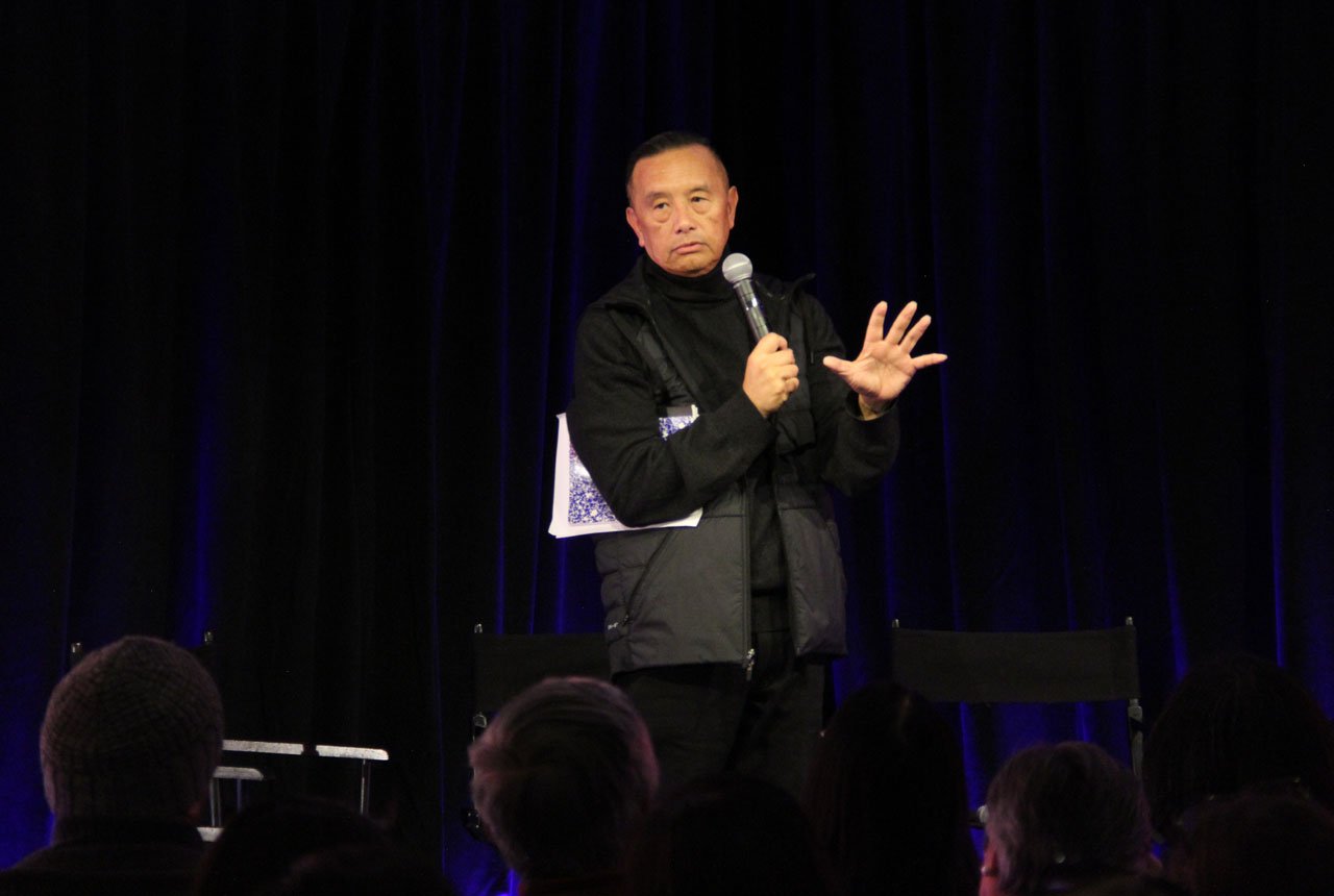  David Magdael sets the tone for the CAAM panel “Shouldering the Future” at the Kimball Arts Center. (Photo: Abraham Ferrer/Visual Communications Photographic Archive) 