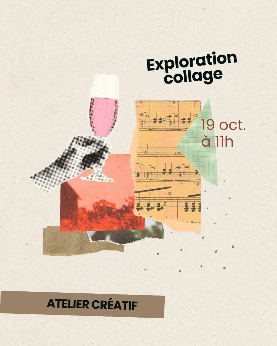 Atelier &agrave; venir : Exploration collage.
🧡 Aucune exp&eacute;rience requise. On exp&eacute;rimente, on s'amuse et on profite du processus cr&eacute;atif.

✂ Le mat&eacute;riel n&eacute;cessaire vous sera fourni.
🗓 Date : 19 octobre &agrave; 11