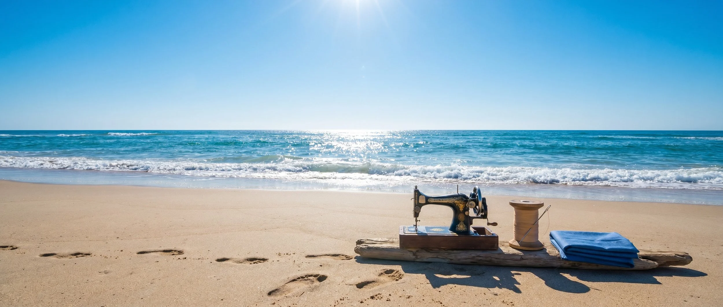 Image of a piece of driftwood holding a vintage sewing machine, oversized spool of thread and folded blue piece of fabric on the sand with footprints facing a blue bright ocean.