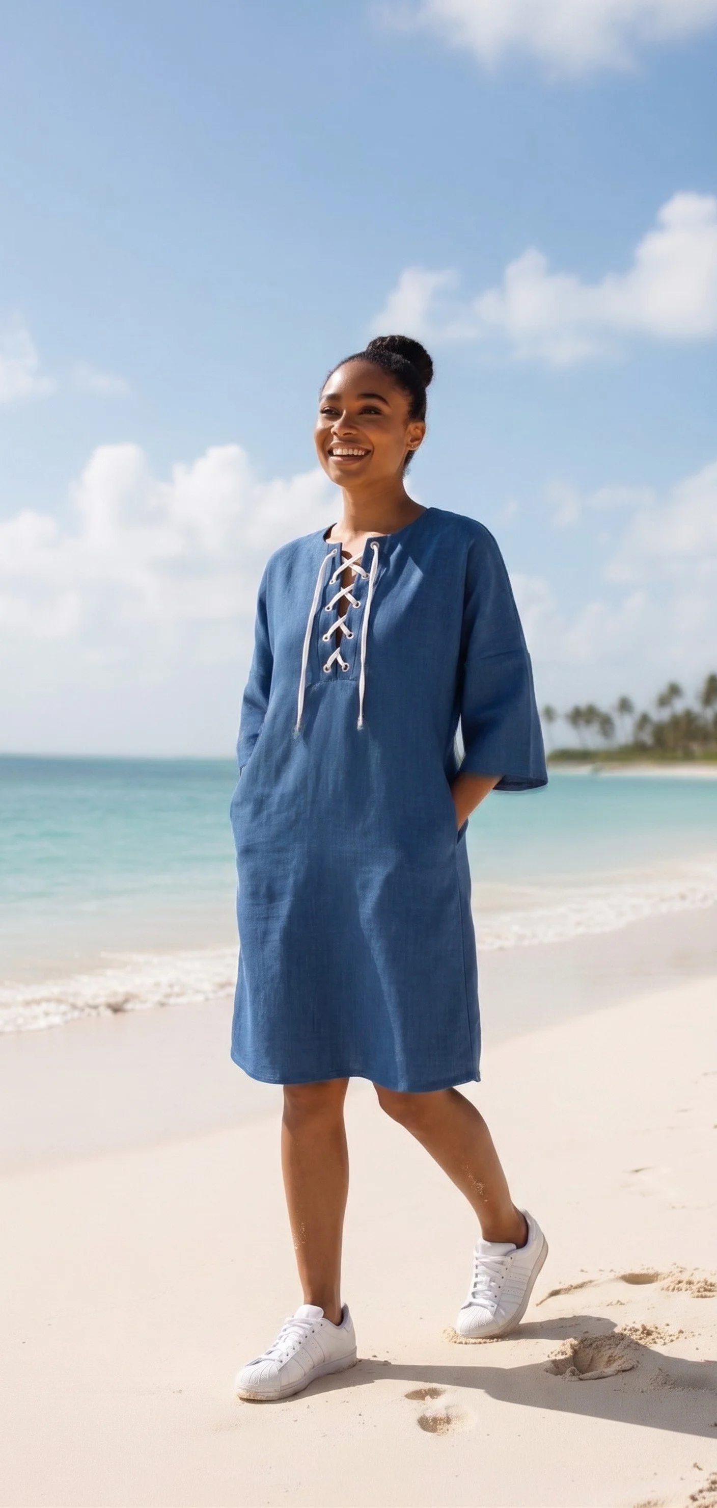 Versa Dress Picwish Model Casual Walking on the Beach with Adidas.jpg