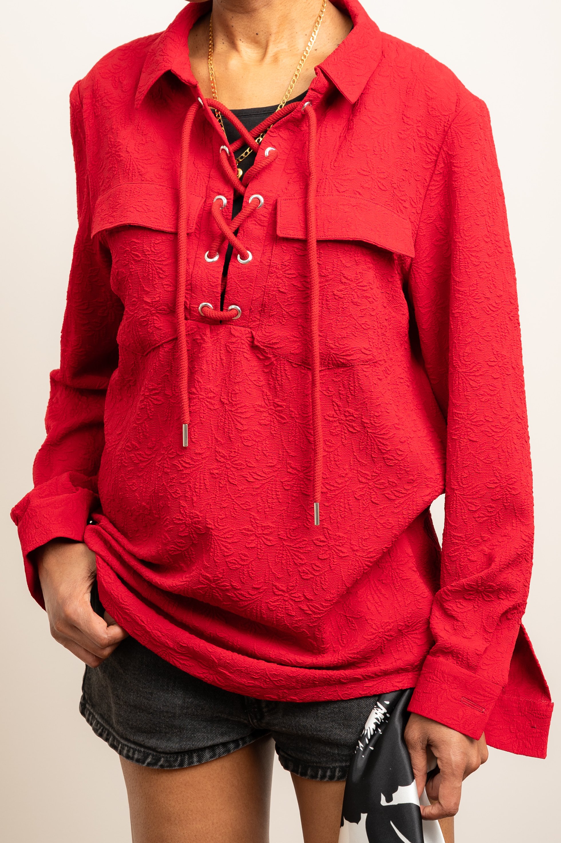 Custom Floral Textured Jacquard Tunic Blouse w/Flap Pockets, Optional Snap Closure, Collar and Long Sleeves - Front Zoom