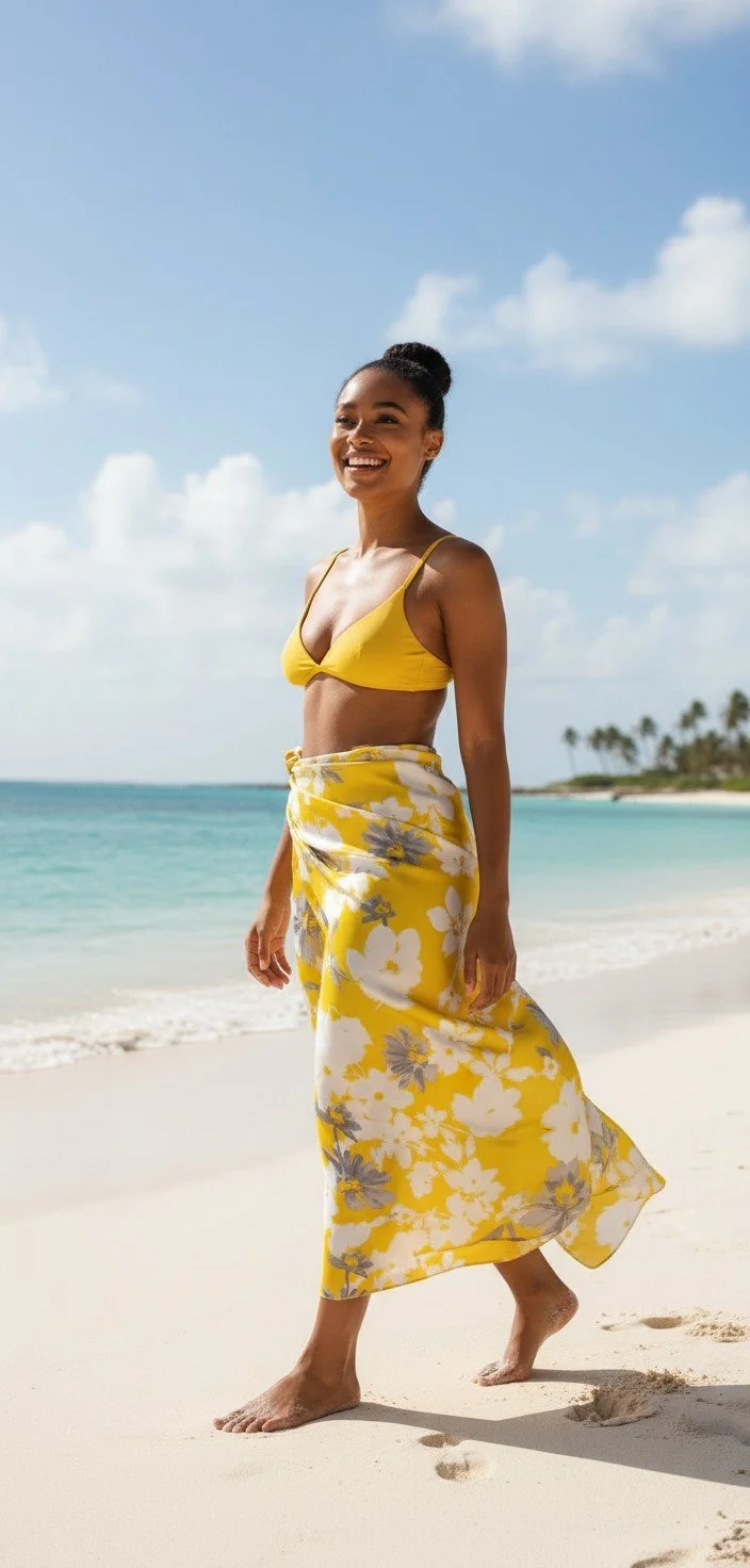 Model wearing the Yellow "Kimono" Scarf as a bikini sarong walking on the beach on a summer's day.