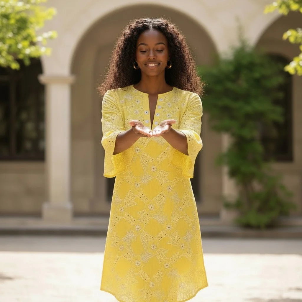 SEE Dress Picwish African American Model Photo in Lemon with Hands Outstretched.jpeg