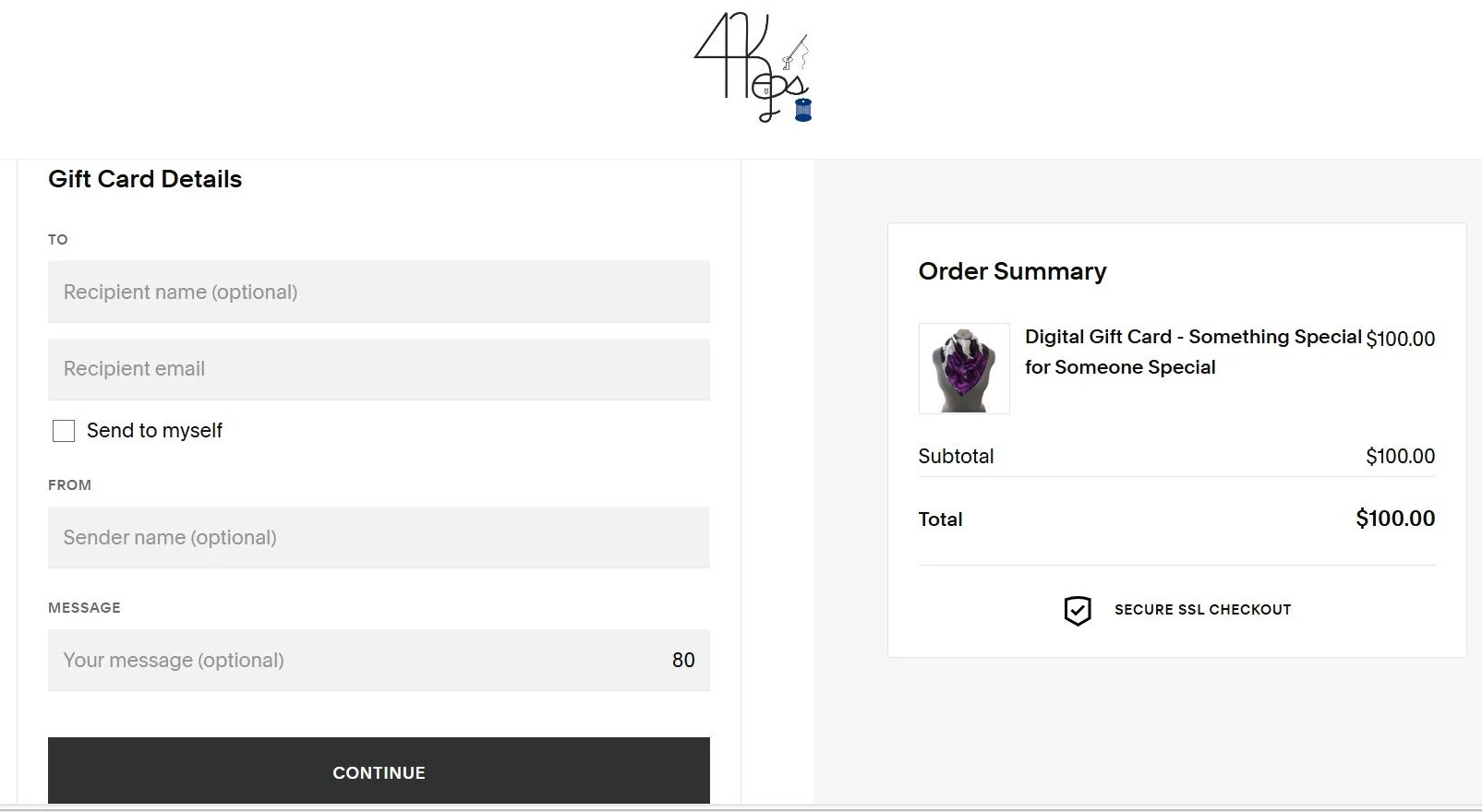 Screenshot of Gift Card Checkout Page showing the form used to customize messages for the recipient.