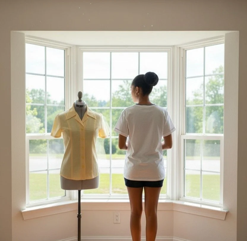 Model staring out of a bay window on a sunny day with a mannequin next to her wearing the Vintage Yellow Flirty Fitted Short Sleeve Shirt