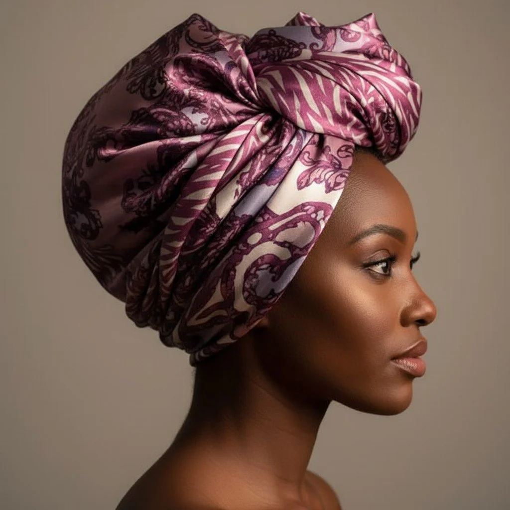 Blurple Scarf Being Worn as a Head Covering on a Female Model