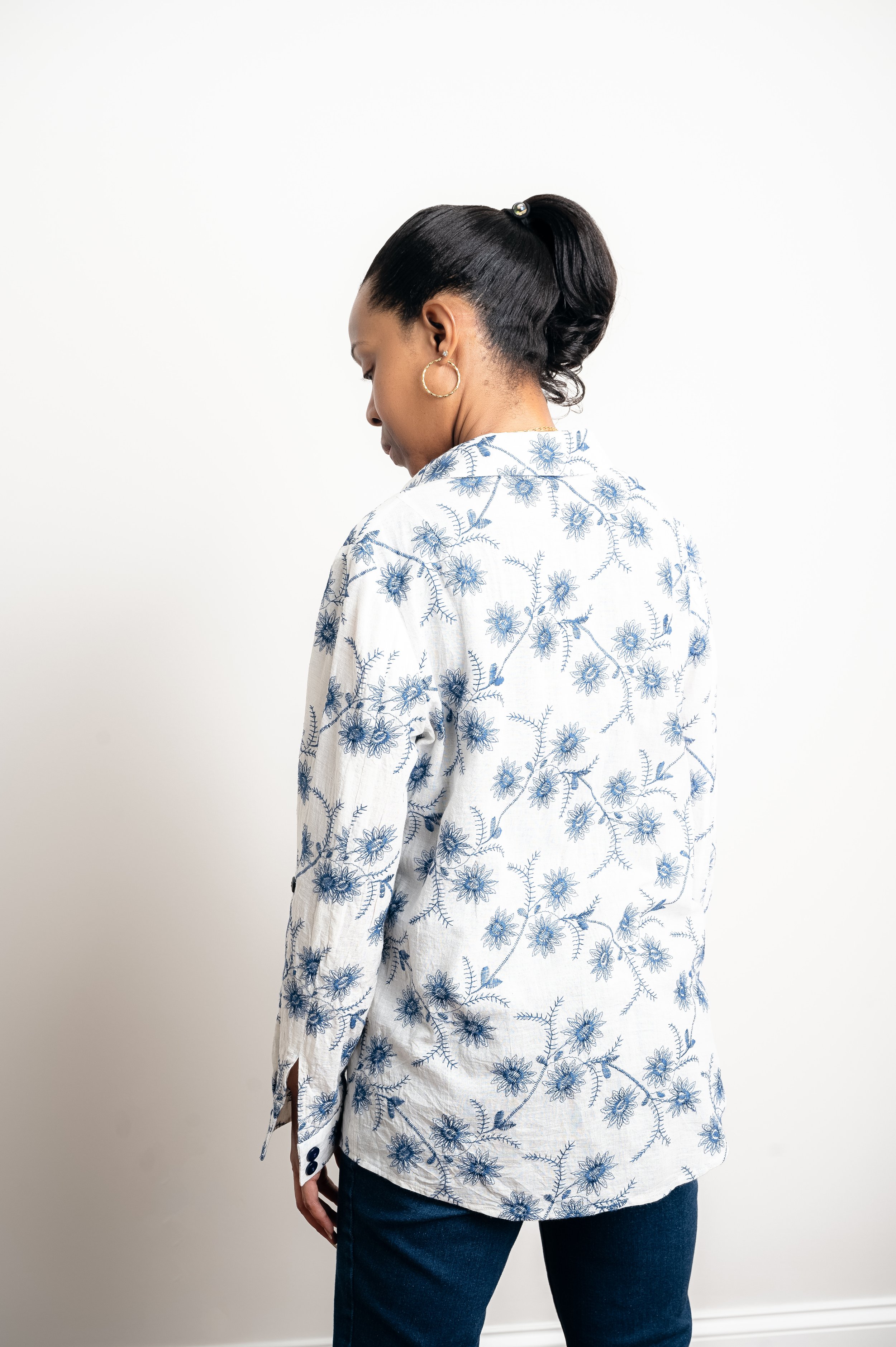 Custom Floral Embroidered Tunic Blouse with Drawstring Closure, Hip Length Shirt Tail Hem, Button Cuff Closure - Back