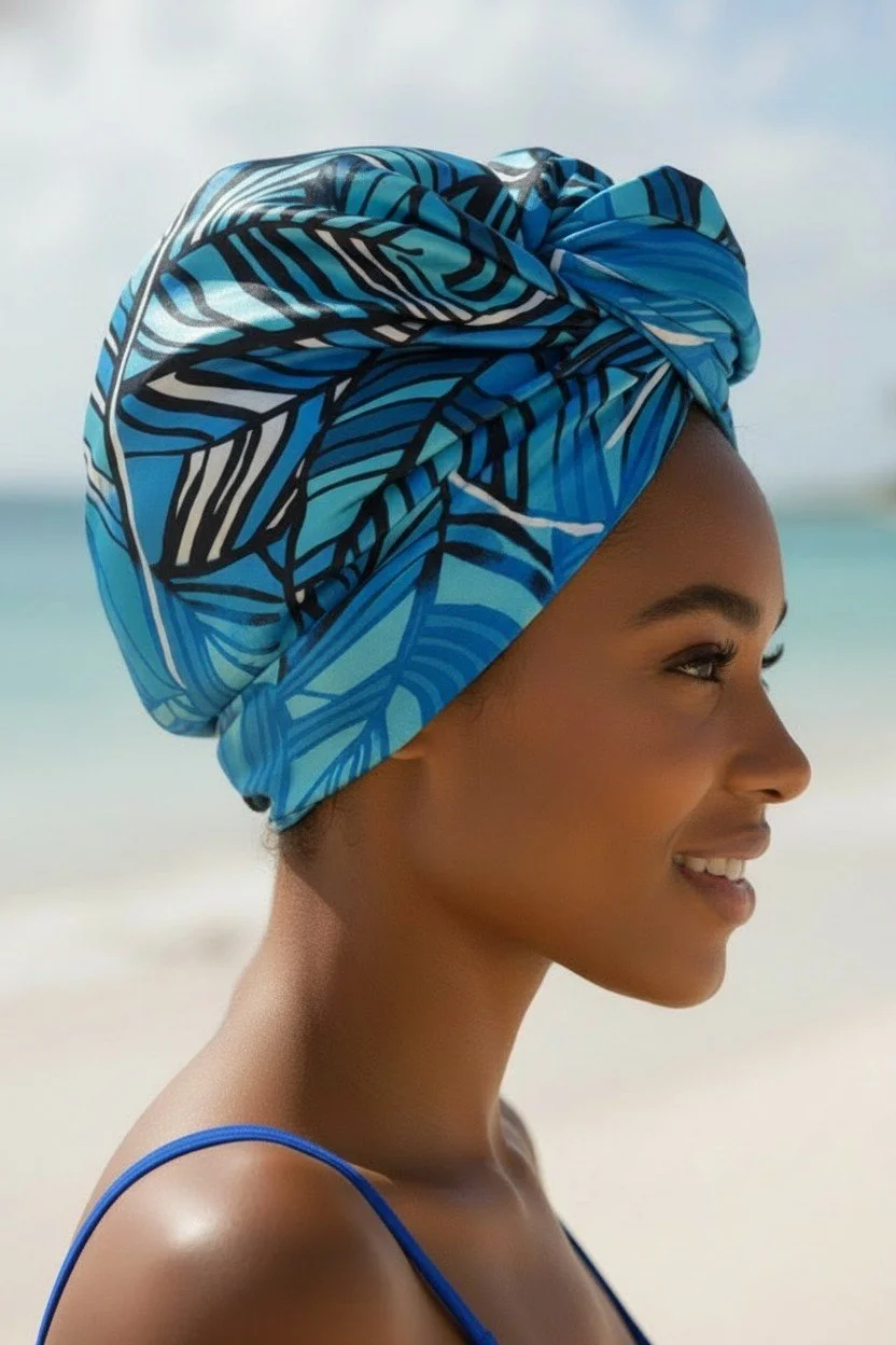 Model with her side profile photo wearing the Blue "Breathe" Scarf as a head covering.