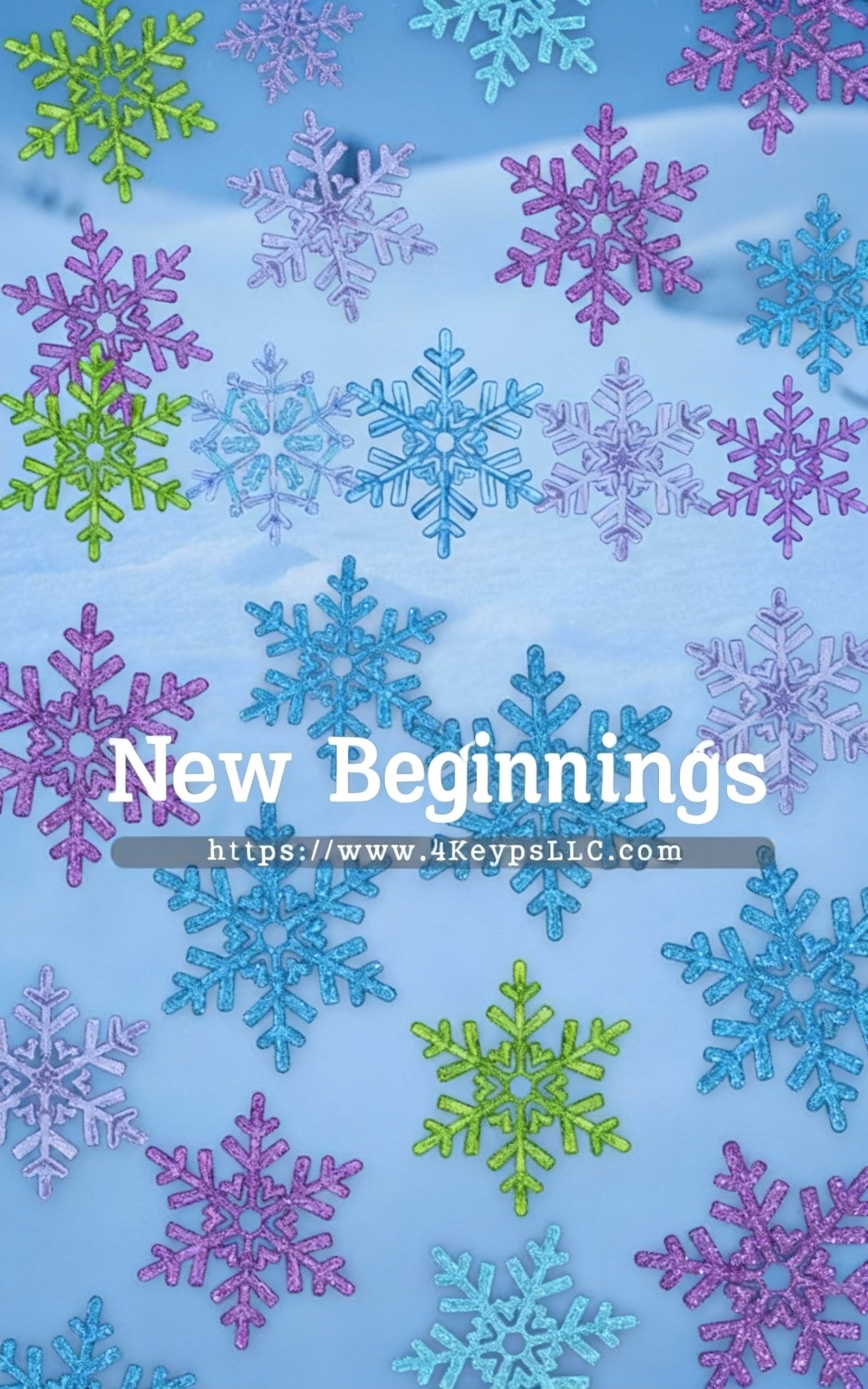 Banner that says "New Beginnings" with "https://www.4KeypsLLC.com" in a smaller font underneath.  The background is a cool winter scene with randomly scattered snowflakes in cool colors Baby Blue, Lavender & Purple.