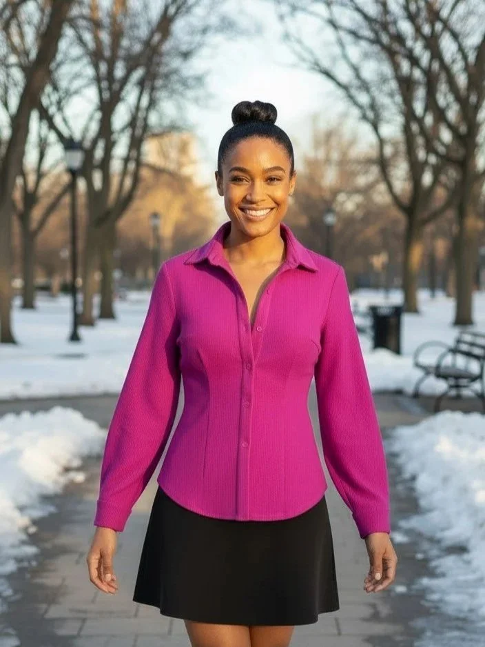 Fuchsia "Flirty" Fitted Shirt: Bust, Front & Back Darts, Button Front & Cuff Closures, Stretch Knit