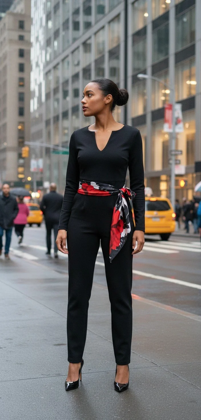 Model wearing an all-black Jumpsuit with the Red "Bold" Scarf tied around her waist as a belt standing on a New York City Street.