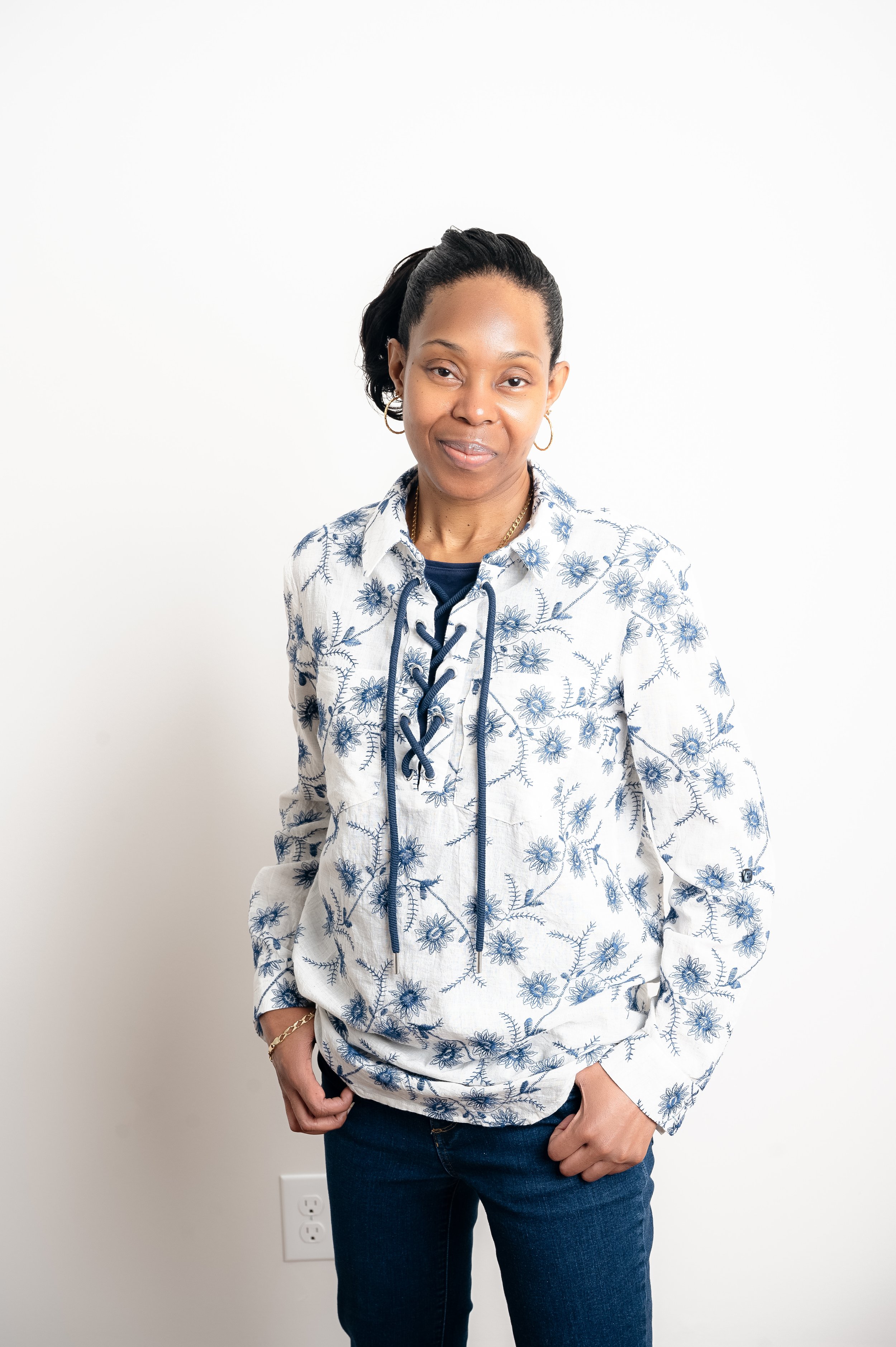 Custom Floral Embroidered Tunic Blouse with Drawstring Closure, Hip Length Shirt Tail Hem, Button Cuff Closure - Front