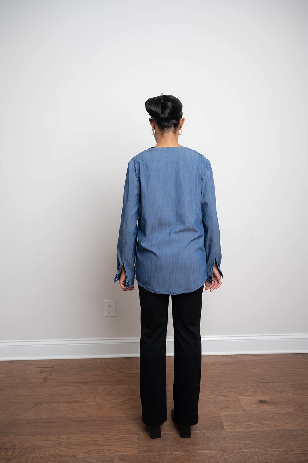 Custom Collarless Casual Tunic Blouse in Denim Blue Slub - Back (Copy)