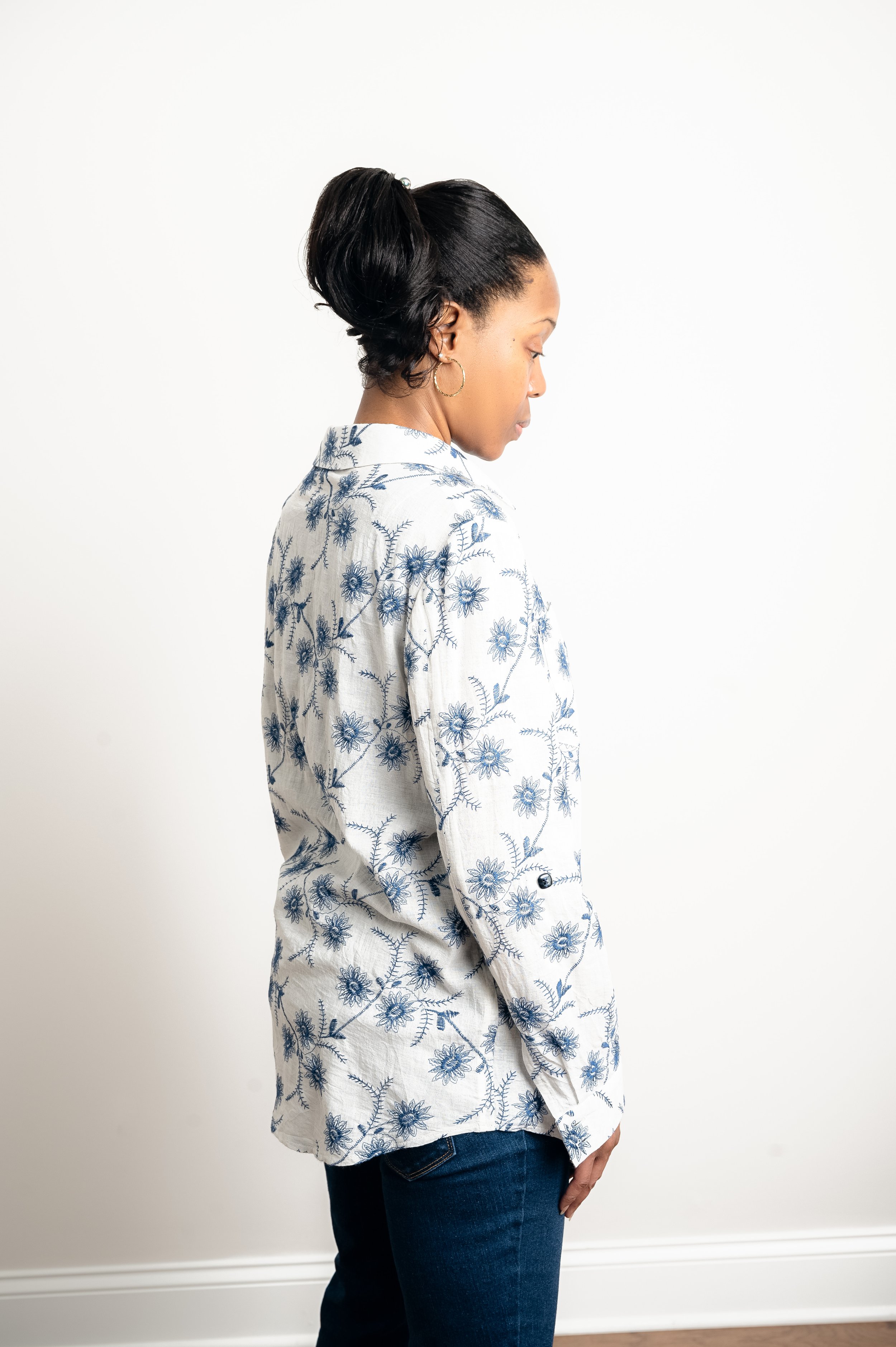 DSC_6194 Edit - Prototype 2 - Jacquard Floral Embroidery Chambray Blouse Side with Full Length Sleeve.jpg