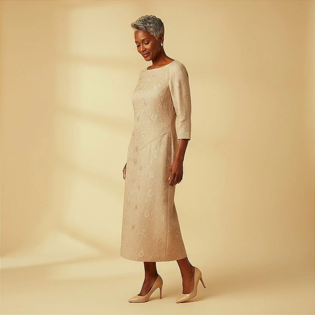 Vintage Metallic Gold Gown with PicWish Model Shy Pose in Heels.jpeg