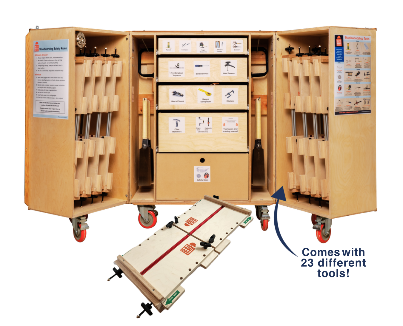 A portable woodworking tool cabinet filled with various tools, including saws, hammers, screwdrivers, and measuring instruments, with door labels and instructions, and a slide-out ramp in the foreground.