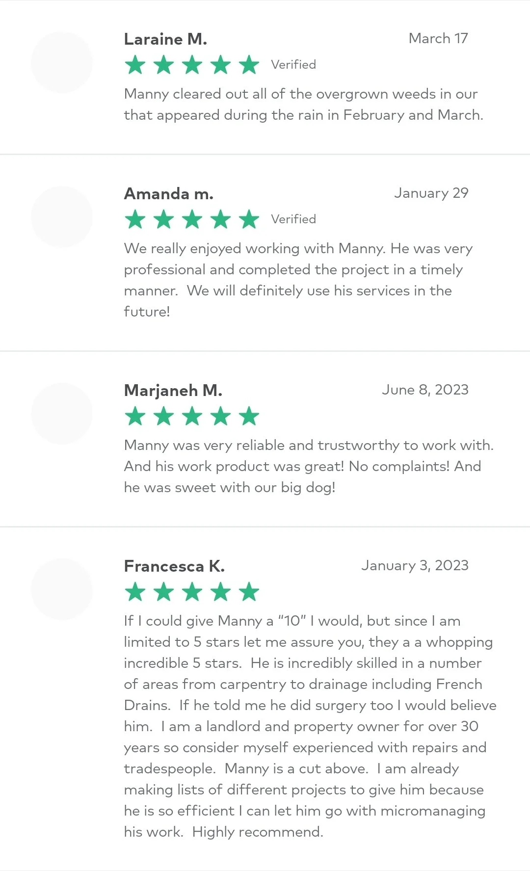 Four customer reviews with five-star ratings for a service provided by Manny, mentioning his efficiency, professionalism, and various skills in maintenance and repairs.