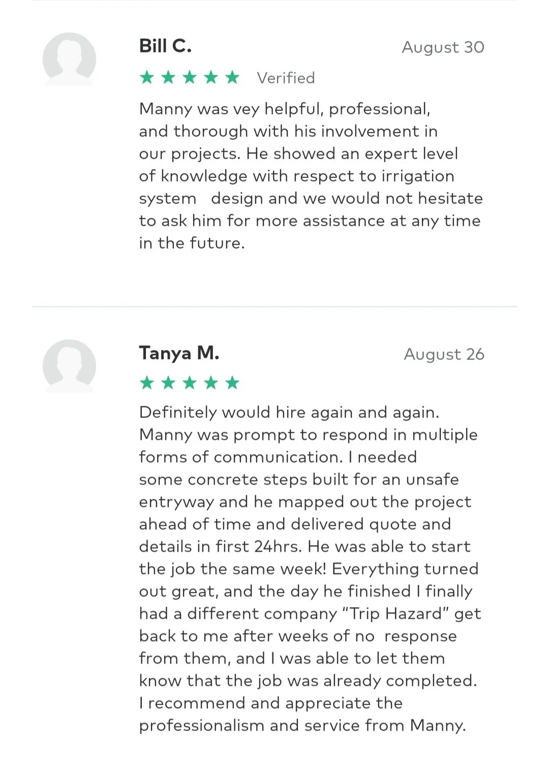 Image of two customer reviews by Bill C. and Tanya M. praising Manny for his professionalism, responsiveness, and expertise in project completion, both assigning five-star ratings.