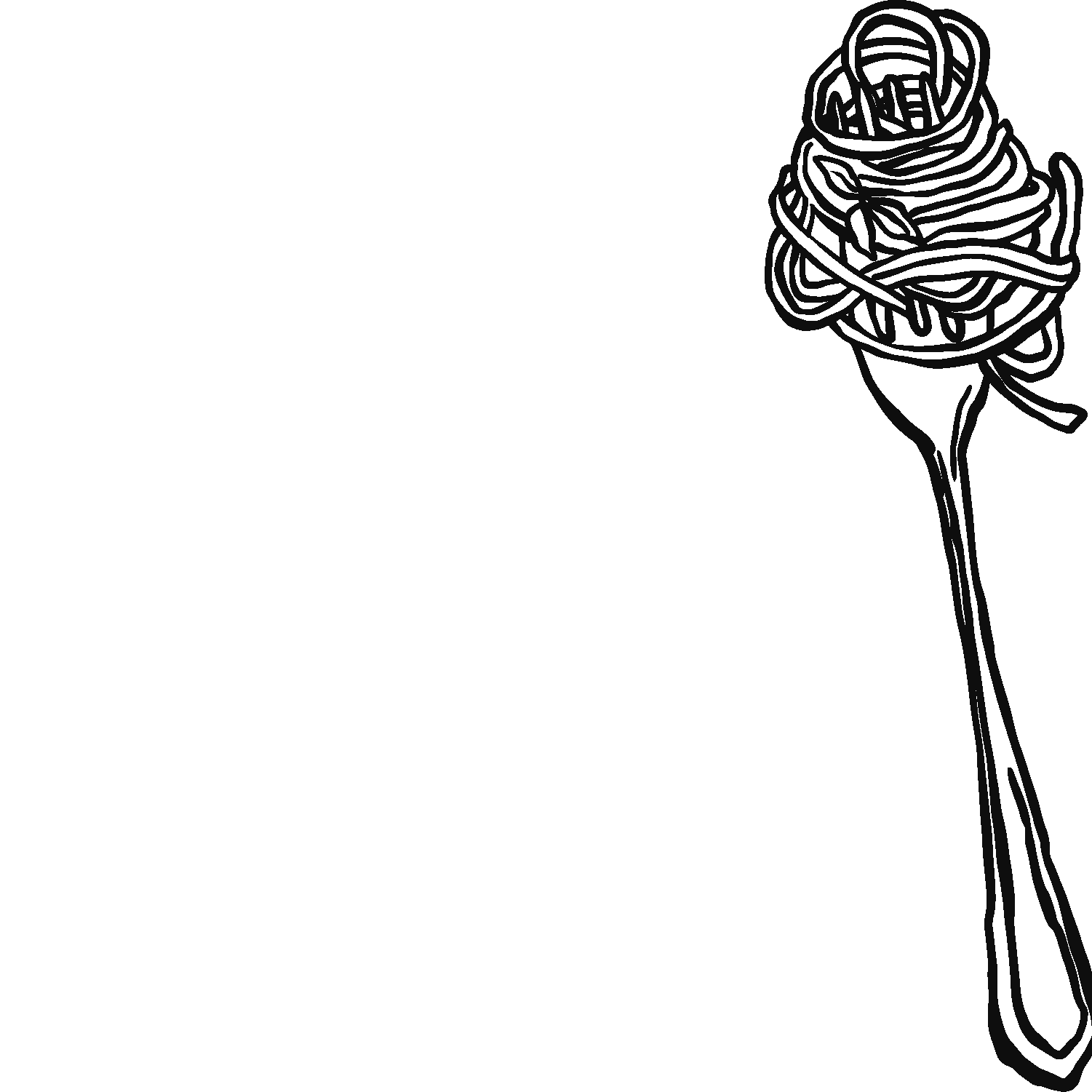 A transparent minimalist line drawing of a spaghetti on a fork in the upper right corner.