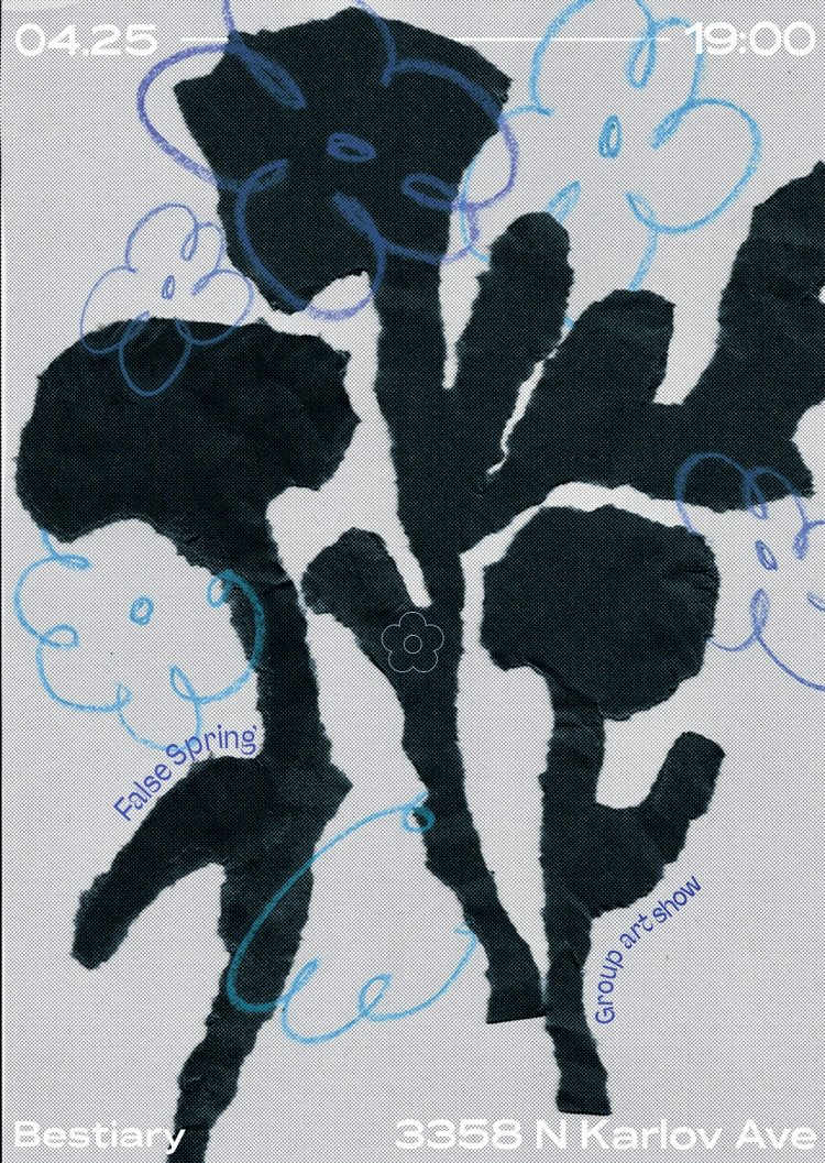 Abstract black ink splatter with blue and purple floral line art overlay and event information text.