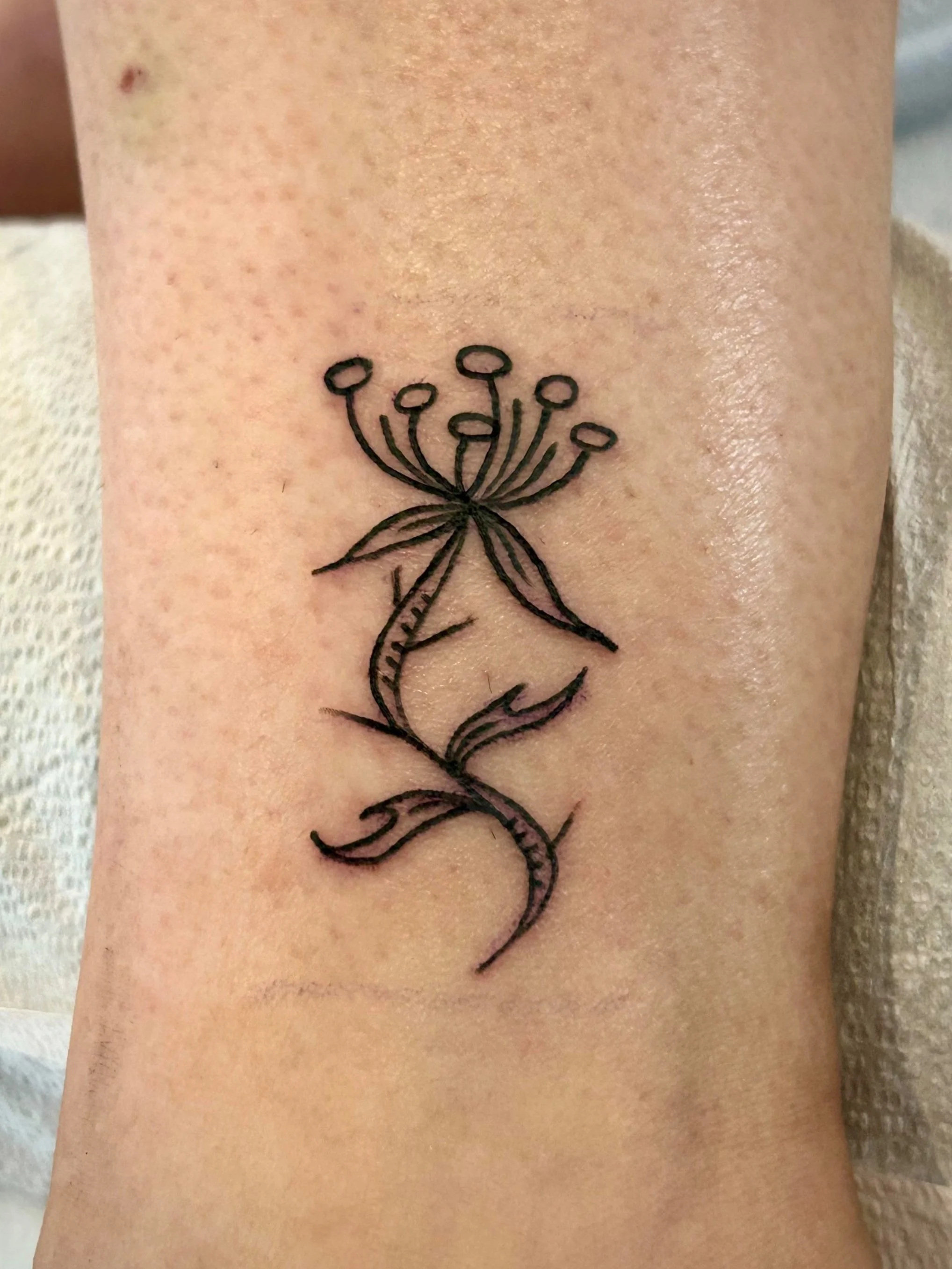 Black outline tattoo of a flower with a curved stem and leaves on skin.