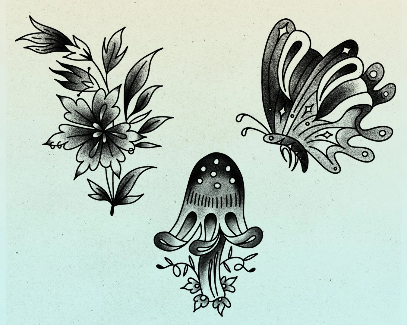 Black ink drawing of a flowering plant with leaves, a butterfly with patterned wings, and a mushroom with spots on its cap.