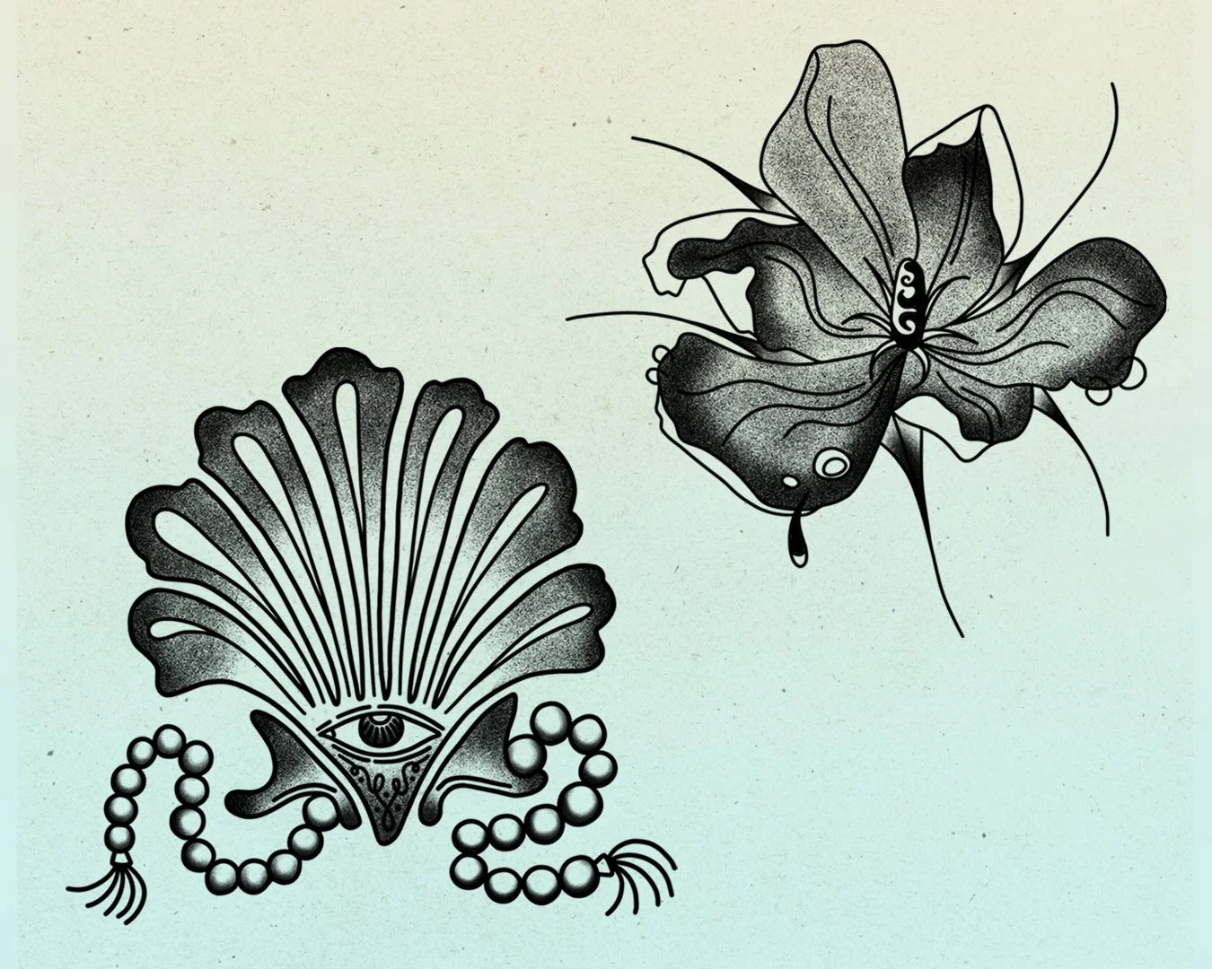 Black and white line art tattoo-style drawing of a seashell with an eye and beads, and a butterfly.
