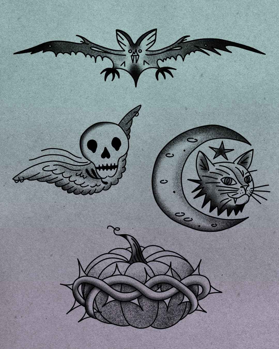 Collection of five black and white tattoo-style illustrations of spooky themes, including a bat, a skull with angel wings, a moon with a cat inside, and a pumpkin with vines.