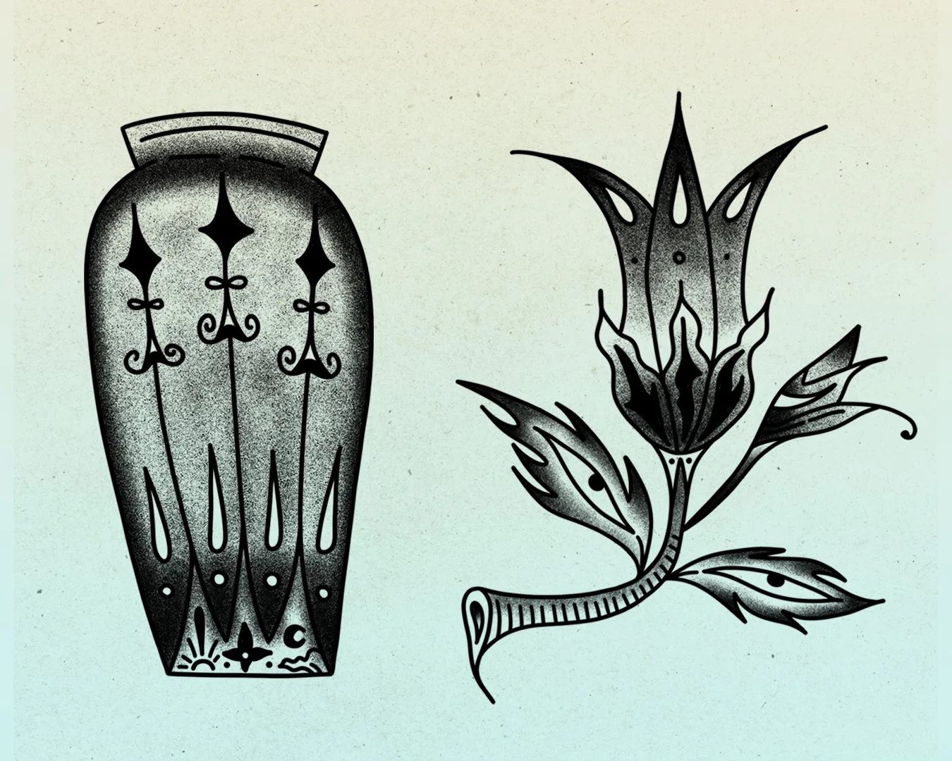 Black and gray tattoo-style illustrations of a pocket watch and a rose.