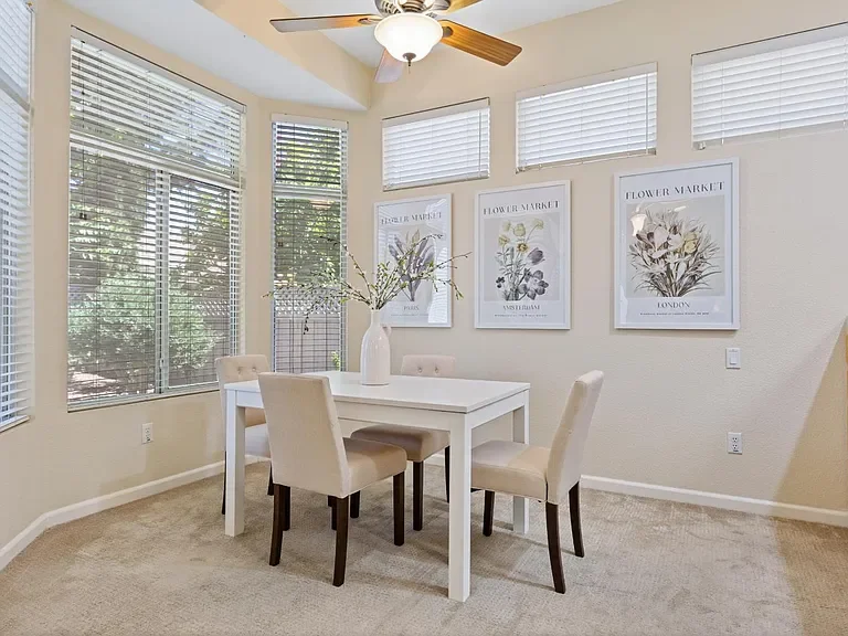 breakfast nook dining area in Roseville California with lots of natural lighting open and airy. 