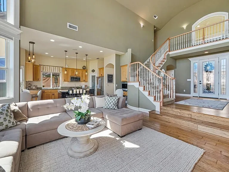 open concept great room, living room and kitchen home staging in Auburn California 